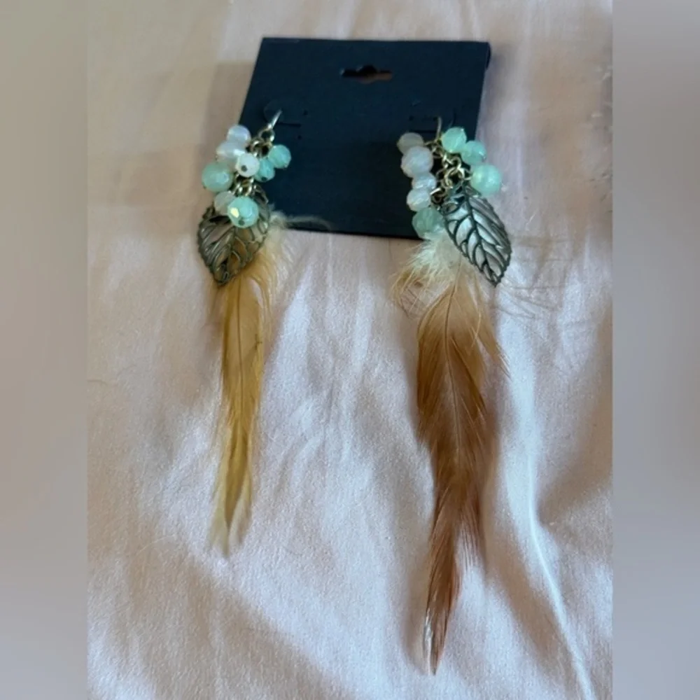 Bohemian Feather and Bead Earrings NWT
